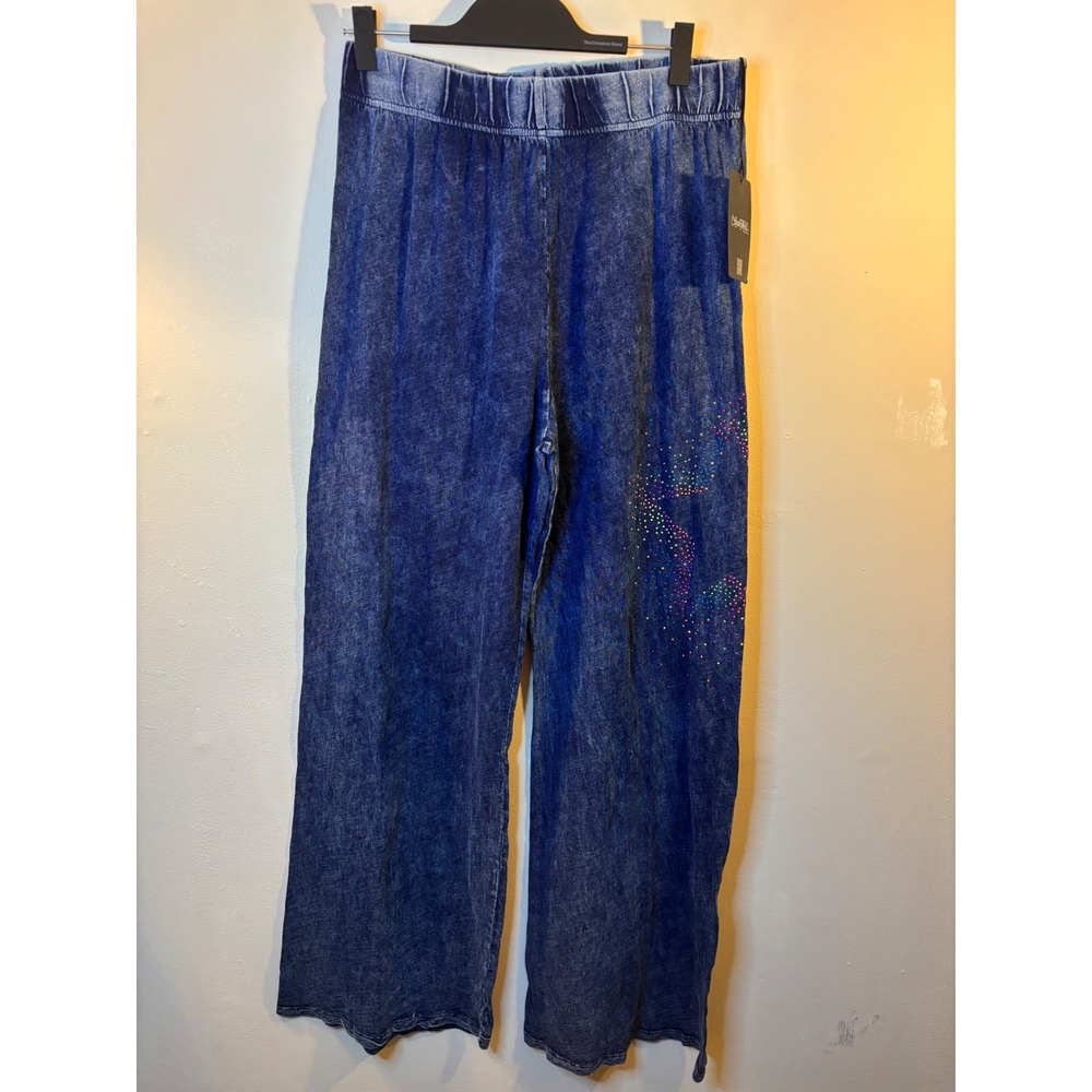 NEW Lauren Moshi Blue Wide Leg Pull On Star Pants L Sparkle